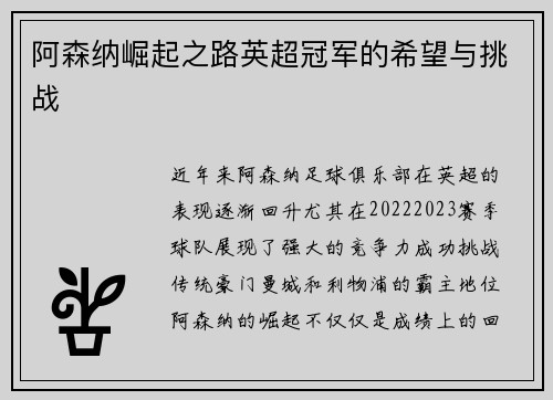 阿森纳崛起之路英超冠军的希望与挑战